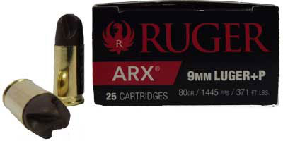 Ruger Pistol Ammunition 9ARX, 9MM, ARX Self Defense, 80 GR, 1445 fps, 25 rd/box
