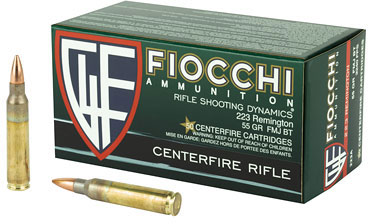 Fiocchi Shooting Dynamics Rifle Ammunition 223A, 223 Remington, Full Metal Jacket Boat Tail (FMJBT), 55 GR, 3240 fps, 50 Rd/bx
