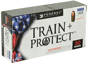Federal Train & Protect Pistol Ammunition TP9VHP1, 9mm, Verstile Hollow Point (VHP), 115 GR, 1180 fps, 50 Rd/Bx