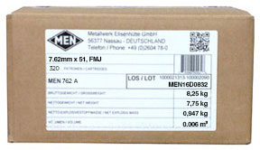 Magtech Sport MEN 762 Rifle Ammunition MEN762A, 7.62 NATO, Full Metal Jacket (FMJ), 147 GR, 320 Rd/cs