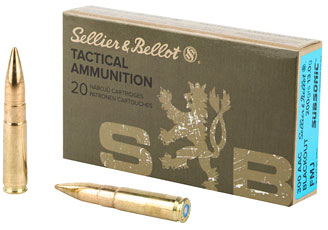 Sellier & Bellot Subsonic Rifle Ammunition SB300BLKSUBA, 300 AAC Blackout, Full Metal Jacket Subsonic, 200 GR, 1050 fps, 20 Rd/Bx
