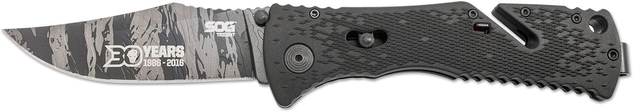SOG 30th Anniversary Trident Folding Knife w/Wood Display Box, Coin, and Patch (ANV1002)