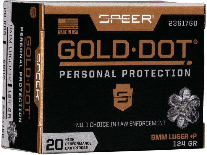 Speer Gold Dot Personal Protection Handgun Ammunition 23617GD, 9MM+P, Gold Dot HP,  124 GR, 1220 fps, 20 Rd/bx