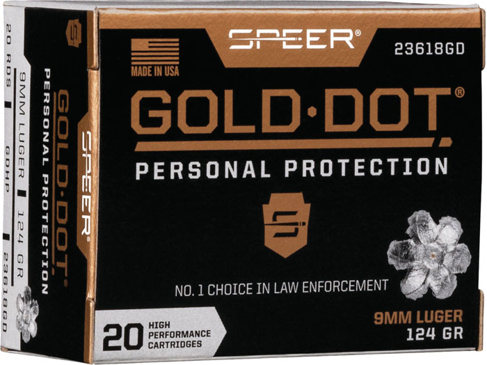 Speer Gold Dot Personal Protection Handgun Ammunition 23618GD, 9MM, Gold Dot HP, 124 GR, 1150 fps, 20 Rd/bx