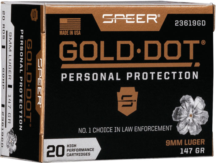 Speer Gold Dot Personal Protection Handgun Ammunition 23619GD, 9MM, Gold Dot HP,  147 GR, 985 fps, 20 Rd/bx