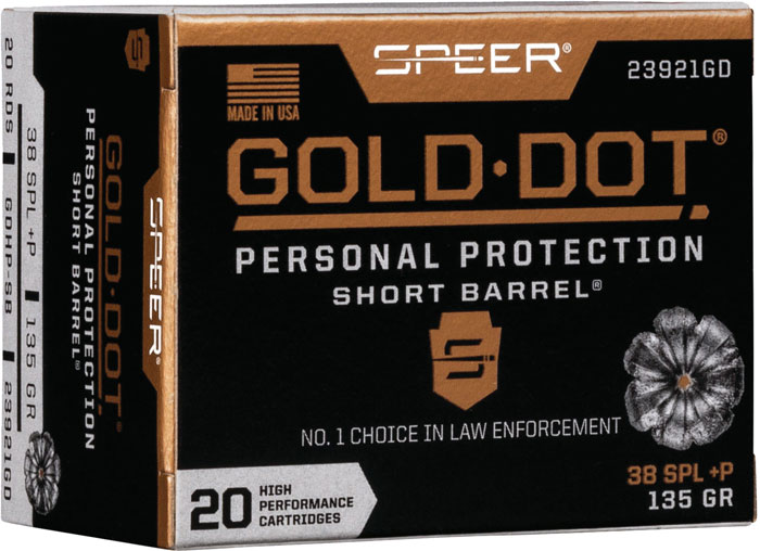 Speer Gold Dot Short Barrel Personal Protection Handgun Ammunition 23921GD, 38 Special+P, Gold Dot HP, 135 GR, 860 fps, 20 Rd/bx