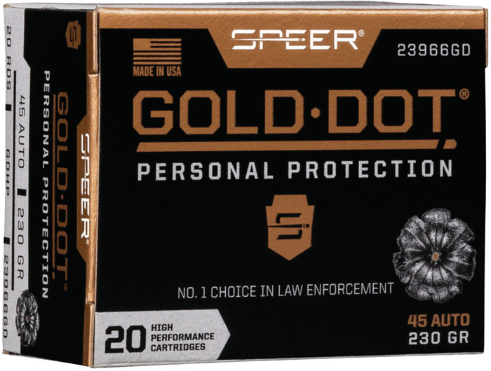 Speer Gold Dot Personal Protection Handgun Ammunition 23966GD, 45 ACP, Gold Dot HP, 230 GR, 890 fps, 20 Rd/bx