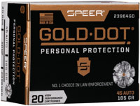 Speer Gold Dot Personal Protection Handgun Ammunition 23964GD, 45 ACP, Gold Dot HP, 185 GR, 1050 fps, 20 Rd/bx