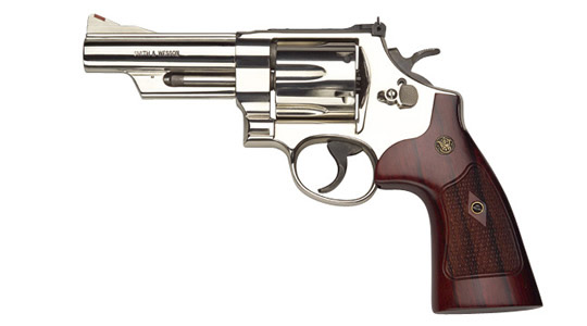 Smith & Wesson 29 Classic Revolver 150255, 44 Rem Mag, 4 in, Checkered Walnut Grip, Nickel Finish, 6 rd