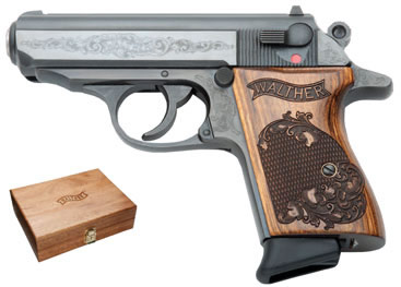 Walther PPK Engraved DA Pistol 150989, 380 ACP, 3.3 in, Engraved Wood Grip, Bright Blue Finish, 6 Rd