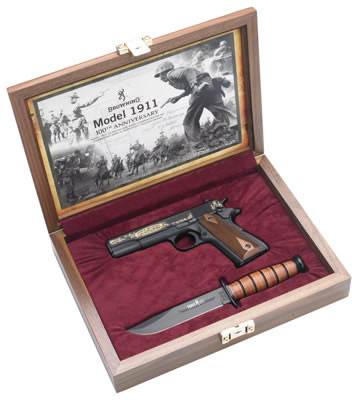 Browning 1911-22 Commemorative Pistol w/Case & Knife 051804490, 22 Long Rifle, 4.25 in, Wood Grip, Blued Finish, 10 Rd