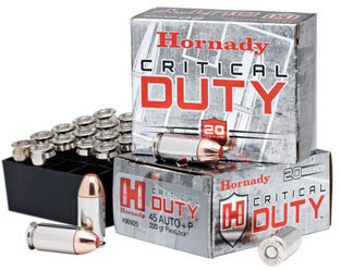 Hornady Critical Duty Pistol Ammunition 90926, 45 ACP +P, FlexLock, 220 GR, 975 fps, 20 Rd/Bx