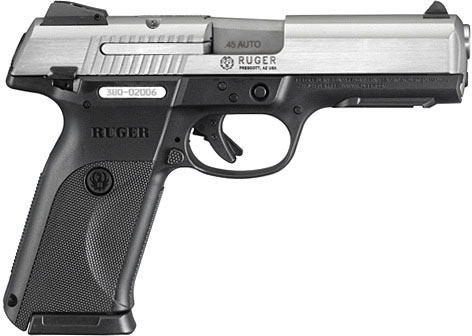 Ruger SR45 Pistol 3801, 45 ACP, 4.5 in, Black Grip, Stainless Finish, 10 Rd