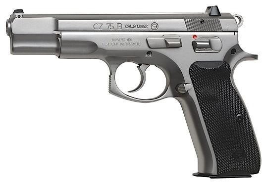 CZ 75B Semi-Auto Pistol 01108, 9mm, 4.7", Black Plastic Grip, Stainless Finish, 10 Rd