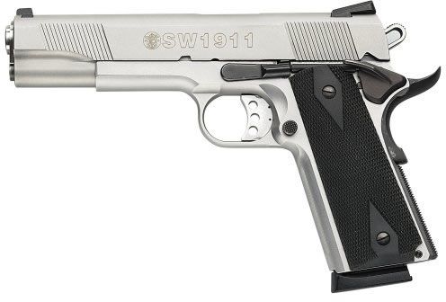 Smith & Wesson 1911 Pistol 108282, 45 ACP, 5", Rubber Grip, Satin Stainless Finish, 8 Rd, Fixed Sights