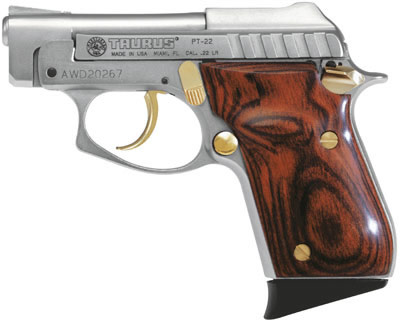 Taurus PT-22 Small Frame Pistol 1220035G, 22 LR, 2-3/4", Rosewood Grip, Nickel W/Gold Highlights Finish, 8 Rd