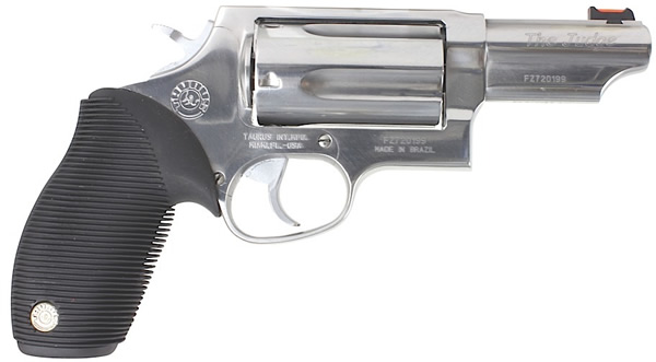 Taurus 4410 Tracker Revolver 2441039TPSS, 410 Gauge / 45 Long Colt, 3 in, Ribber Grip Overlay, Polished Stainless Finish, 5 Rd, Fiber Opt Sights