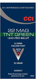 CCI TNT Green Rimfire Ammunition 0060, 22 Magnum (WMR), Hollow Point (HP), 30 GR, 2050 fps, 50 Rd/bx