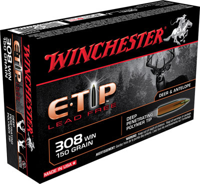 Winchester Supreme Elite Rifle Ammunition S308ETA, 308 Winchester, E-Tip Lead-Free, 150 GR, 2810 fps, 20 Rd/bx