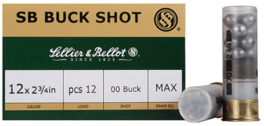 Sellier & Bellot Shotgun Ammuntion SB12BSG, 12 Gauge, 2-3/4", 9 Pellets, #00 Lead Buckshot, 1200 fps, 25 Rd/bx