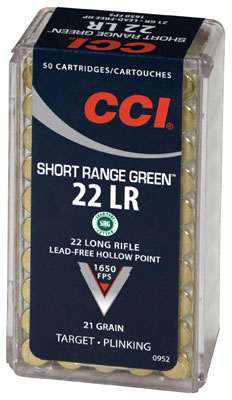 CCI Short Range Green Non-Toxic Rimfire Ammunition 952, 22 Long Rifle, Hollow Point (HP), 21 GR, 1650 fps, 50 Rd/bx