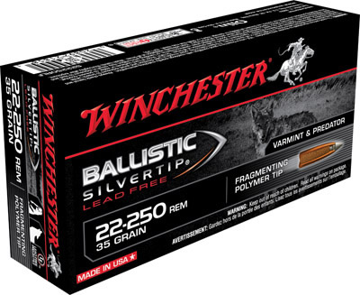 Winchester Supreme Rifle Ammunition S22250RLF, 22-250 Remington, Ballistic Silvertip Lead-Free, 35 GR, 4350fps, 20 Rd/bx
