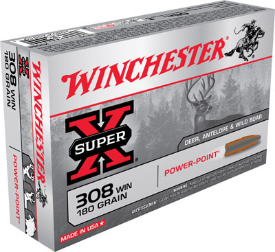 Winchester Super-X Rifle Ammunition X3086, 308 Winchester, Power-Point, 180 GR, 2620 fps, 20 Rd/bx