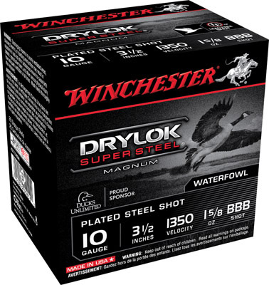 Winchester Super X Dryloc Plated XSC10BBB, 10 Gauge, 3-1/2", 1-5/8 oz, 1350 fps, #BBB Steel Shotshells Shot, 25 Rds/Bx