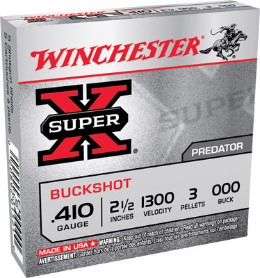 Winchester Super X Buckshot XB410000, 410 Gauge, 2 1/2", 3 Pellets, 1300 fps, #000 Lead Buckshot, 5 Rd/bx