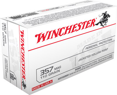 Winchester USA Pistol Ammunition Q4204, 357 Magnum, Jacketed Hollow Point (JHP), 110 GR, 1295 fps, 50 Rd/bx