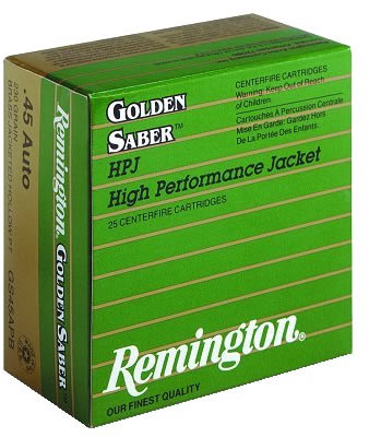 Remington Golden Saber HPJ Pistol Ammunition GS45APA, 45 ACP, BJHP, 185 GR, 1015 fps, 25 Rd/bx