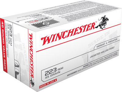 Winchester USA Rifle Ammunition USA2232, 223 Remington, Jacketed Hollow Point (JHP), 45 GR, 3600 fps, 40 Rd/bx