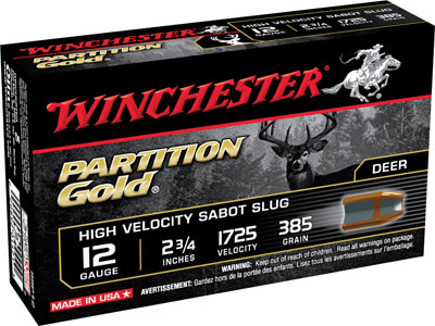 Winchester Partition Gold Slugs SSP12, 12 Gauge, 2-3/4", 385 grains, 1725 fps, Sabot Slug Copper/Lead, 5 Rd/bx