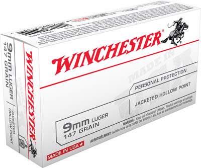Winchester USA Pistol Ammunition USA9JHP2, 9mm, Jacketed Hollow Point (JHP), 147 GR, 990 fps, 50 Rd/bx