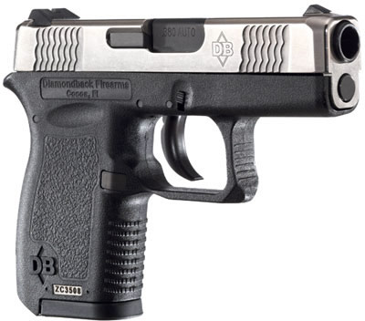 Diamondback DB380 Semi-Auto Pistol DB380EXO, 380 ACP, 2.80 in, Polymer Grip, Matte Silver Finish, Adj. Rear Sights, 6 Rd