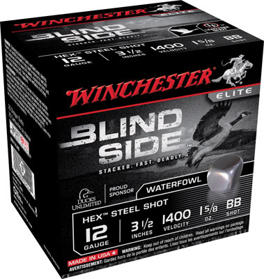 Winchester Blind Side Steel ShotShells SBS12LB, 12 Gauge, 3.5 in, 1-5/8 oz, 1400 fps, #BB Steel Shot, 25 Rds/Bx