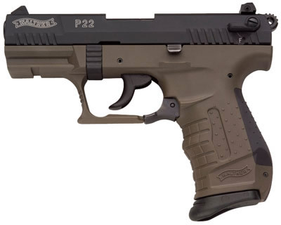 Walther P22 DA/SA Pistol QAP22007, 22 Long Rifle, 3.4 Inches, Black Panel Grip, Green/Black Finish, 10 Rd