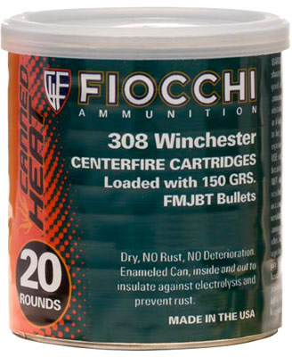 Fiocchi Canned Heat Rifle Ammunition 308CA, 308 Winchester, Full Metal Jacket Boat-Tail, 150 GR, 2890 fps, 20 Rd/can