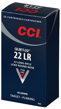CCI Quiet SubSonic Rimfire Ammunition 960, 22 Long Rifle, Lead Round Nose (RN), 40 GR, 710 fps, 50 Rd/bx