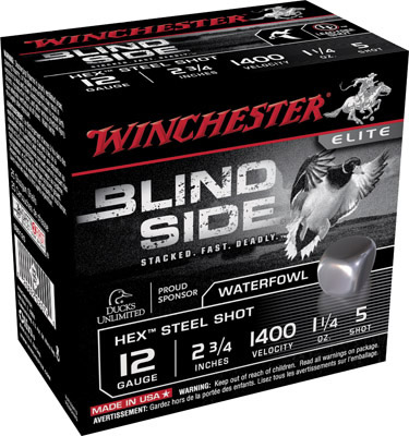 Winchester Blind Side Steel ShotShells SBS125, 12 Gauge, 2-3/4 in, 1-1/4 oz, 1400 fps, #5 Steel Shot, 25 Rds/Bx