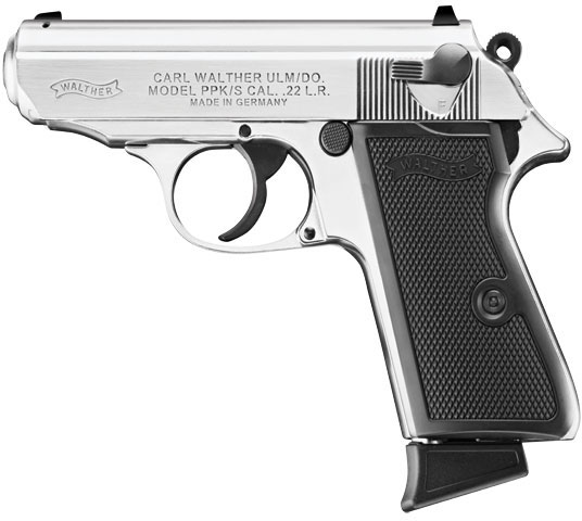Walther PPK/S Semi-Auto Pistol 5030320, 22 LR, 3.35", Black Plastic Grip, Nickel Finish, 10 Rd