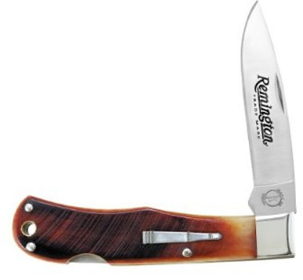 Remington Forester Folder Knife Stainless Drop Point Blade Saw Cut Amber Bone (19145)