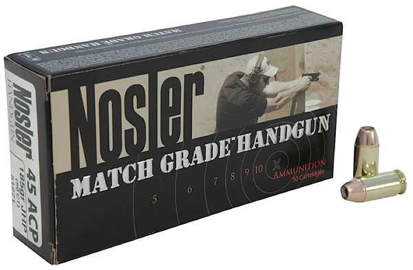 Nosler Match Handgun Ammunition 51271, 45 ACP, Jacketed Hollow Point (JHP), 185 GR, 980 fps, 50 Rd/Bx