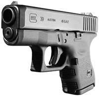 Glock 39 Subcompact Pistol PI39502, 45 GAP, 3.46 in, Polymer Grip, Black Finish, Fixed Sights, 6 Rd