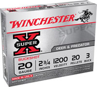 Winchester Super X Buckshot XB203, 20 Gauge, 2-3/4", 20 Pellets, 1200 fps, #3 Buffered Lead Buckshot, 5 Rd/bx
