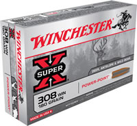 Winchester Super-X Rifle Ammunition X3086, 308 Winchester, Power-Point, 180 GR, 2620 fps, 20 Rd/bx
