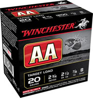 Winchester AA Target AA208, 20 Gauge, 2-3/4", 7/8 oz, 1200 fps, #8 Lead Shot, 25 Rds/Bx