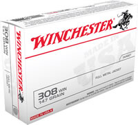 Winchester USA Rifle Ammunition USA3081, 308 Winchester, Full Metal Jacket Boat-Tail, 147 GR, 2800 fps, 20 Rd/bx