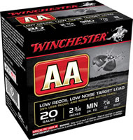 Winchester Winlite Low Recoil Shotshells AA20FL8, 20 Gauge, 2.75 in, 7/8 oz, 980 fps, #8 Lead Shot, 25 Rd/bx