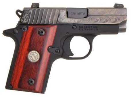 Sig P238 Pistol 238380ESR, 380 ACP, 2.7 in, Rosewood Grip w/Sig Medallion, Polished Engraved Nitron Finish, 6 Rd